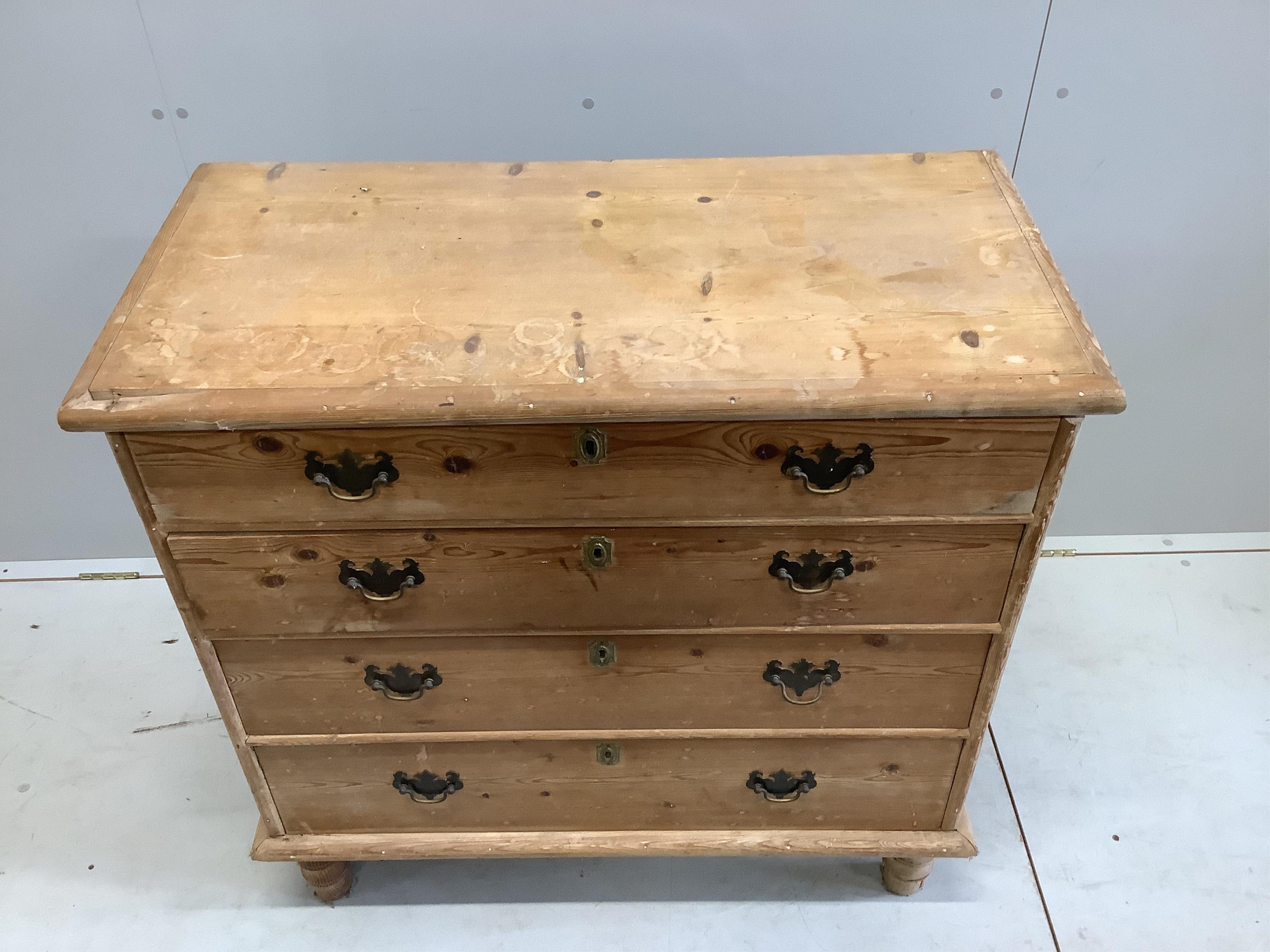 A Victorian pine four drawer chest, width 96cm, depth 46cm, height 95cm. Condition - poor to fair